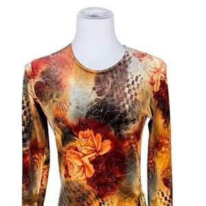 Conrad C Collection Women‎ Orange Floral Shimmer Long Sleeve Top Small Canada